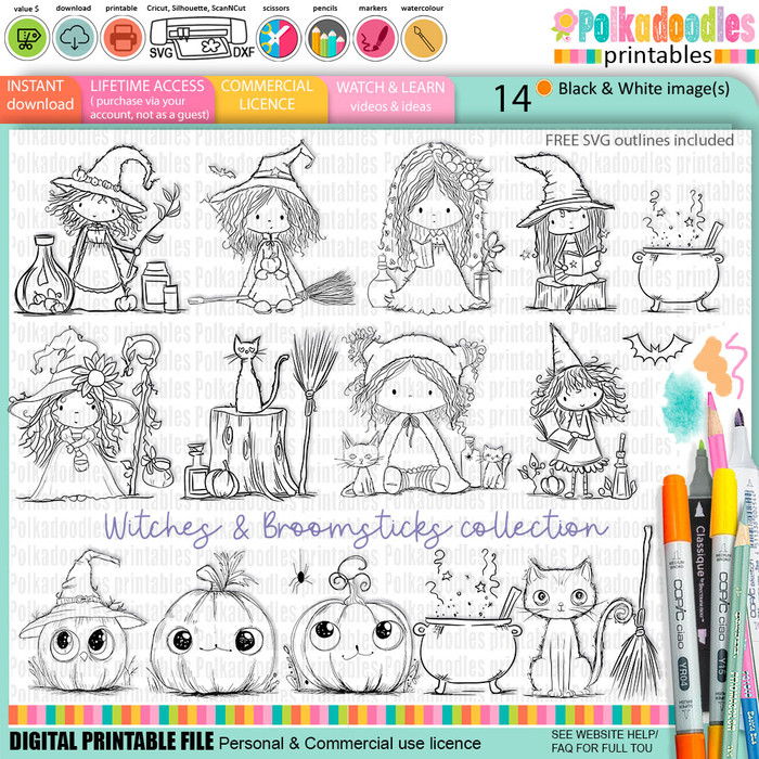 Witches and Broomsticks bundle - 14 cute craft digital stamp Halloween Fall Autumn Witches with Broomsticks - Card Making, Scrapbooking, Junk Journal, svg, stickers